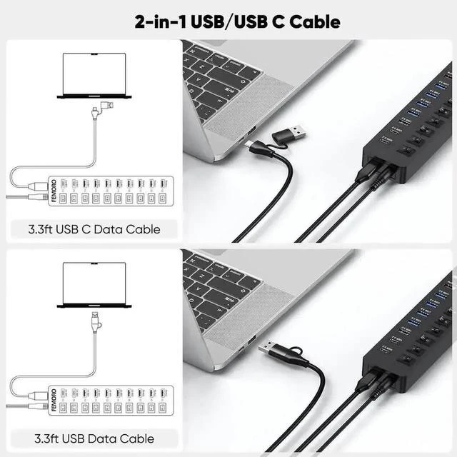 Alt view image 3 of 7 - 11-Port Powered USB 3.2 Multiport Expander with Independent Switches, 3×10Gbps USB-C/USB-A 3.2 Gen2 + 4×5Gbps USB3.0 + 4 Smart Charging Ports, 12V Power Adapter for Laptops, PC, Phones & External SSDs