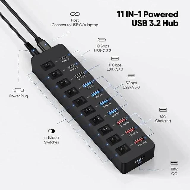 Alt view image 4 of 7 - 11-Port Powered USB 3.2 Multiport Expander with Independent Switches, 3×10Gbps USB-C/USB-A 3.2 Gen2 + 4×5Gbps USB3.0 + 4 Smart Charging Ports, 12V Power Adapter for Laptops, PC, Phones & External SSDs