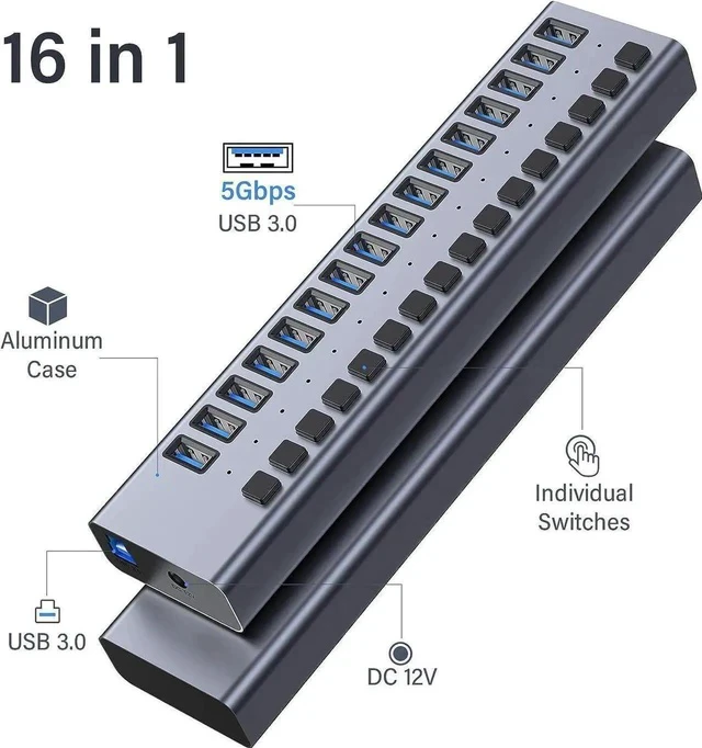 Alt view image 2 of 7 - 16-Port Powered USB 3.0 Hub Splitter with Independent On/Off Switches, Built-in 90W (12V 7.5A) Power Adapter, High Speed Data USB Expansion Hub Compatible with MacBook, Mac Pro/Mini, iMac, Surface Pro