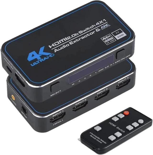Main image of 4 in 1 out 4K 60Hz Switcher HDMI 2.0 Switch Splitter adapter IR Remote Audio Extractor with Optical 3.5mm Stereo Audio Out For PS5 PS4 Projector Supports Dolby Vision 18.5Gbps HDR10 HDCP