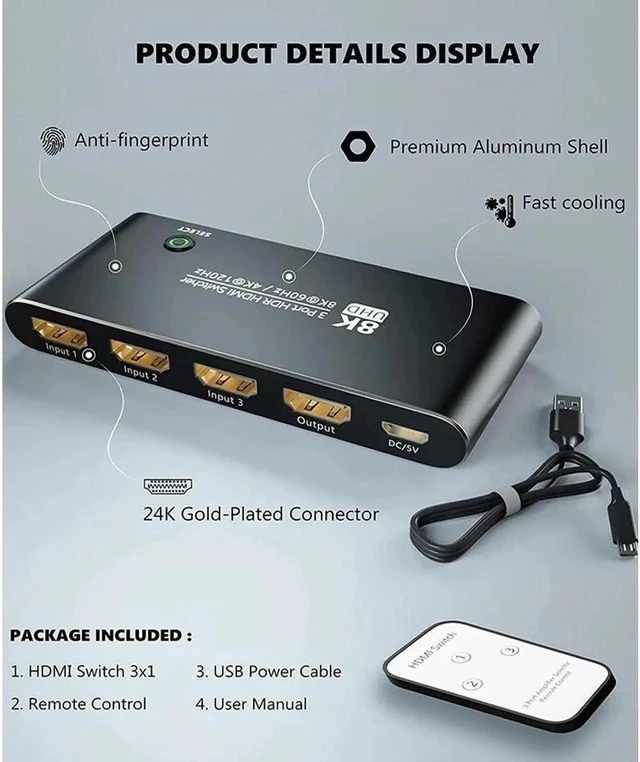 Alt view image 6 of 7 - HDMI Switcher with Remote Control, Ultra HD 8K High Speed 48Gbps Directional Switch Only 3in 1out 8K@60Hz 4K@120Hz Splitter Converter (8K)