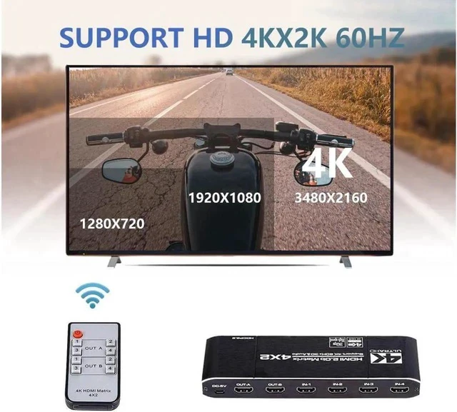 Alt view image 7 of 7 - HDMI Matrix Switch 4x2 4K@60Hz 4:4:4 HDR ARC/SPDIF 5.1CH, Coaxial, 3.5mm Stereo Audio, HDCP 2.2 18Gbps, Matrix Splitter 4 in 2 Out with EDID Extractor and Remote Control