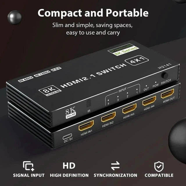 Alt view image 2 of 7 - 8K HDMI Switch 4 in 1 Out, 4 Ports HDMI 2.1 Switch Box with IR Remote Control, 48Gbps HDR10 HDCP2.3 DPCP Supported, Auto Switching, Compatible with PS5/4/3 Xbox NS HDTV Monitor