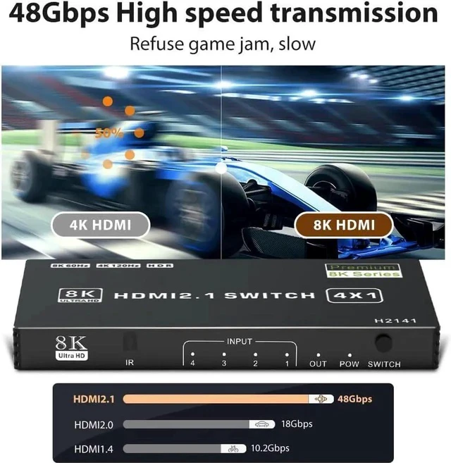Alt view image 6 of 7 - 8K HDMI Switch 4 in 1 Out, 4 Ports HDMI 2.1 Switch Box with IR Remote Control, 48Gbps HDR10 HDCP2.3 DPCP Supported, Auto Switching, Compatible with PS5/4/3 Xbox NS HDTV Monitor