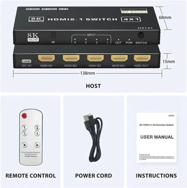 Alt view image 4 of 7 - 8K HDMI Switch 4 in 1 Out, 4 Ports HDMI 2.1 Switch Box with IR Remote Control, 48Gbps HDR10 HDCP2.3 DPCP Supported, Auto Switching, Compatible with PS5/4/3 Xbox NS HDTV Monitor