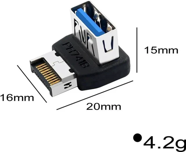 Alt view image 2 of 7 - PH741A Type-E to USB 3.0 90-Degree Adapter 10Gbps Front Panel Header Socket with Housing for PC Motherboard