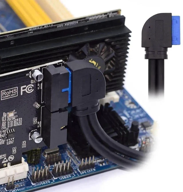 Alt view image 5 of 7 - 30cm 90 Degree Right Angle USB 3.0 Front Panel Cable, Dual USB 3.0 Female to Motherboard 20Pin Male Header with Screw Mount
