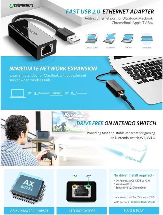 Alt view image 6 of 7 - USB Ethernet Adapter USB 2.0 Network Card to RJ45 Lan for Windows 10 Xiaomi Mi Box 3 Nintend Switch Ethernet USB, White