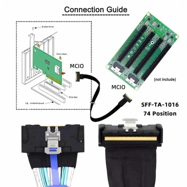 Alt view image 3 of 7 - 35CM Angled PCIe 5.0 MCIO Mini Cool Edge IO Extension Cable, SFF-8654 8i 74Pin Male to Male Server High-Speed Extender Cord