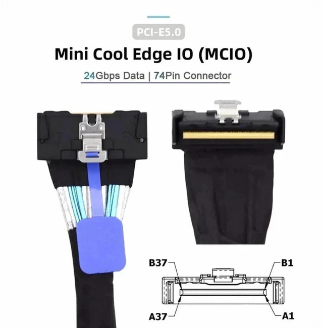 Alt view image 7 of 7 - 35CM Angled PCIe 5.0 MCIO Mini Cool Edge IO Extension Cable, SFF-8654 8i 74Pin Male to Male Server High-Speed Extender Cord