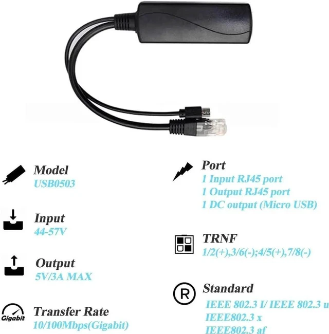 Alt view image 2 of 6 - Micro USB PoE Splitter 5V 3A, IEEE 802.3af/at Standard 10/100Mbps for Raspberry Pi 3B, Tablets, Dropcam Power Over Ethernet USB Splitter Adapter