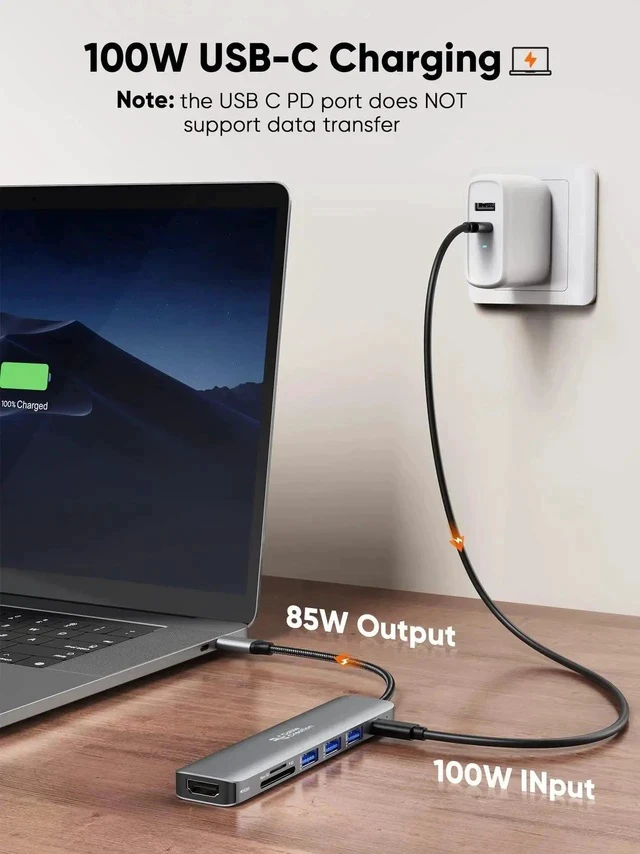 Alt view image 4 of 7 - 7-in-1 USB C Multiport Hub Adapter, 4K@30Hz HDMI Output, 100W PD Charging, 3×5Gbps USB 3.0, SD TF Card Reader, Portable USB C Dock for USB-C Laptops & Tablets