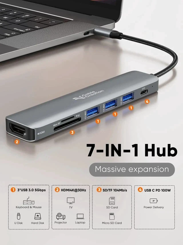 Alt view image 7 of 7 - 7-in-1 USB C Multiport Hub Adapter, 4K@30Hz HDMI Output, 100W PD Charging, 3×5Gbps USB 3.0, SD TF Card Reader, Portable USB C Dock for USB-C Laptops & Tablets