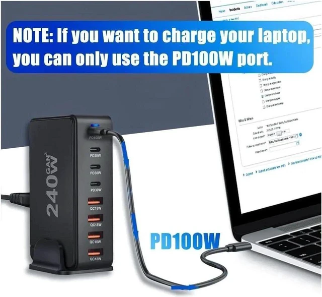 Alt view image 2 of 7 - 8 Port USB C Charger 240W QC3.0 PD3.0 GaN Charger Type C Adapter with Fast Desk Charger Compatible for iPhone, MacBook Pro, iPad Pro, Switch, Galaxy S22/S21