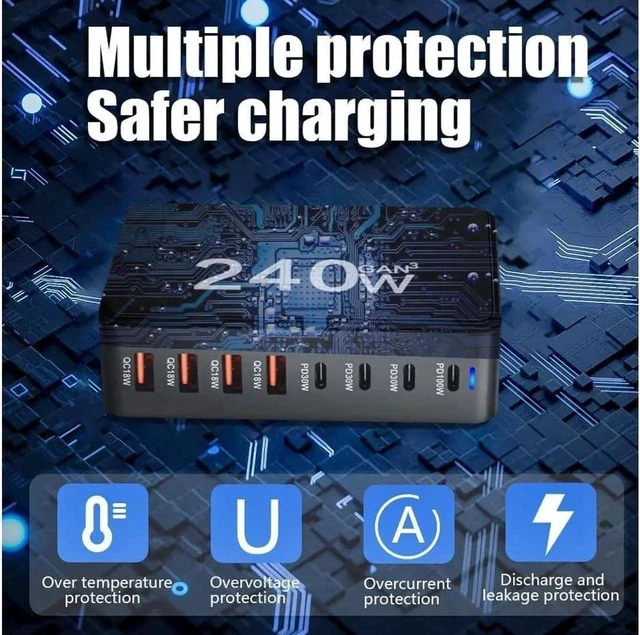Alt view image 6 of 7 - 8 Port USB C Charger 240W QC3.0 PD3.0 GaN Charger Type C Adapter with Fast Desk Charger Compatible for iPhone, MacBook Pro, iPad Pro, Switch, Galaxy S22/S21