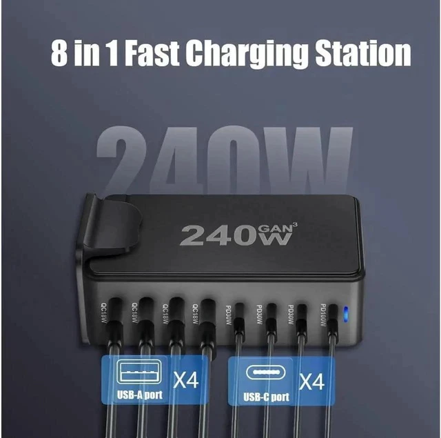 Alt view image 7 of 7 - 8 Port USB C Charger 240W QC3.0 PD3.0 GaN Charger Type C Adapter with Fast Desk Charger Compatible for iPhone, MacBook Pro, iPad Pro, Switch, Galaxy S22/S21