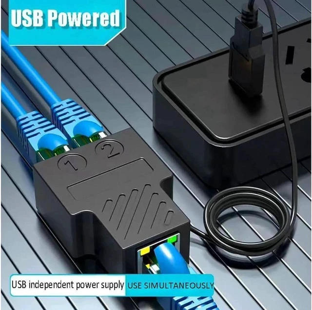 Alt view image 4 of 7 - RJ45 Splitter Adapter with USB Power Cable,Ethernet Cable Splitter Cat5 Cat5e,Cat6,Cat7,RJ45 Network Extension Connector Ethernet Cable Sharing Kit for RouterTV Box Camera PC Lapop Black