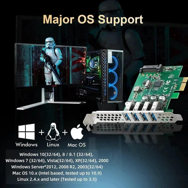Alt view image 3 of 7 - PCIE to 4 Ports USB 3.0 Expansion Card, Self-Powered, Low Profile Bracket, USB3 Hub Controller Adapter for Windows 10/11