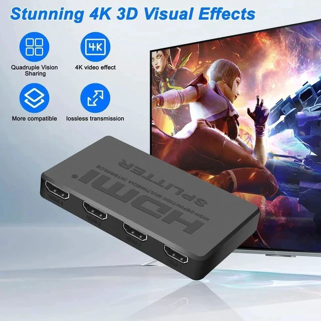 Alt view image 4 of 7 - 1x4 HDMI Splitter 1 in 4 Out 4K HD Digital 4 Way HDMI Splitter Support Full HD 1080P 4K/2K/30Hz,3D,HDR for TV,HDTV,PS4/5,Projector,Blu-Ray Player,Xbox