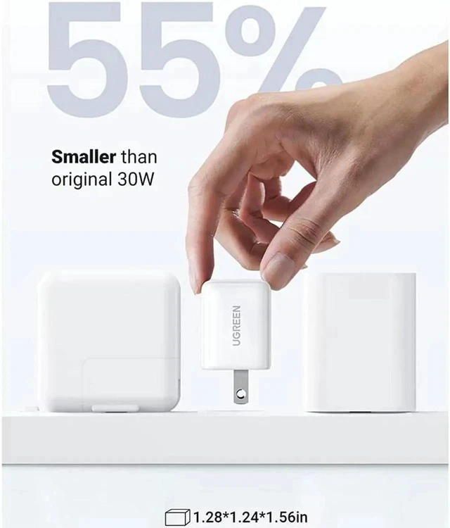 Alt view image 2 of 7 - UGREEN 30W USB C Wall Charger, USB C Charger with Foldable Plug, GaN PD PPS Fast Charger Block Compatible with MacBook Air/iPhone 13 Pro Max/13/12 Pro/Max, Galaxy S22/21, Pixel 6/6 Pro, iPad
