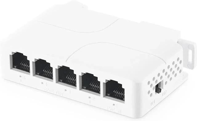 Main image of PoE Passthrough Switch, 1 PoE in 4 PoE Out Extender, IEEE802.3af/at/bt PoE Powered 90W, 100Mbps Ethernet, Din Rail & Wall Mount Plug and Play