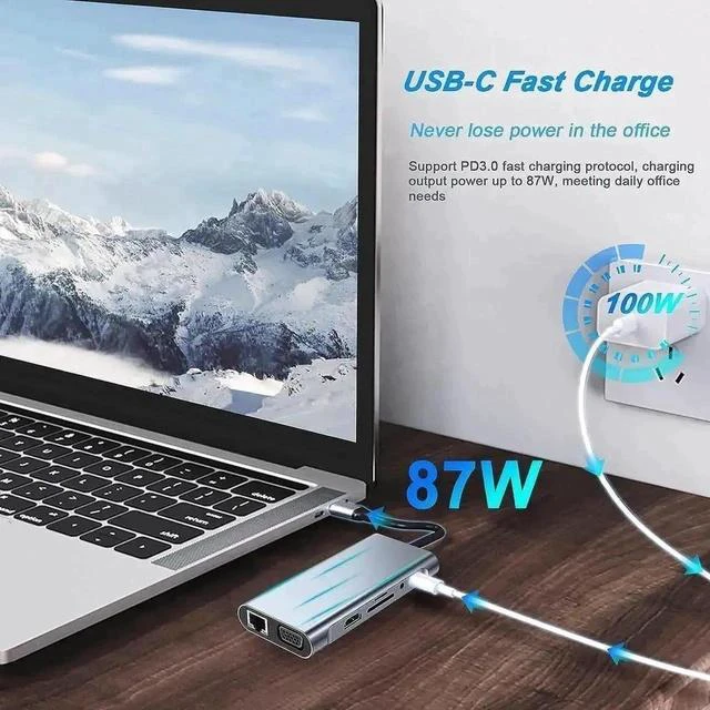 Alt view image 6 of 7 - 11 in 1 USB C Hub Multiport Docking Station, USB C Adapter with 4K HDMI, VGA, 100W Type C PD, USB3.0, Gigabit RJ45 Ethernet, SD/TF Card Reader, 3.5mm AUX, Compatible with MacBook Pro/Air & All USB C L