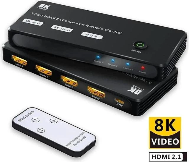 Main image of Aluminum Shell HDMI Switcher with IR Remote, HDMI-compatible 2.1 3 in 1 out Ultra speed 48Gbps 8K@60Hz 4K@120Hz Switch adapter With switch button For HDTV Projector