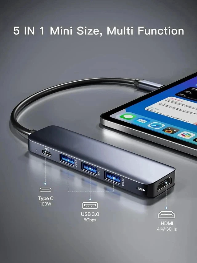 Alt view image 7 of 7 - USB C Hub 5 in 1 Multi-Port Digital AV Adapter 4K HDMI, 100W Power Delivery, 3 USB-A 3.0 Data Ports, USB C Dongle for MacBook Pro/Air, iPad Pro, iMac, iPhone 15 Pro/Pro Max, XPS, and More