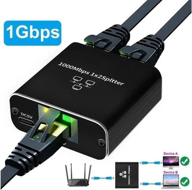 Main image of Ethernet Splitter 1 to 2 RJ45 Network Adapter,Suitable Super Cat5/5e/6/7/8, Cmpatible with ADSL/Hubs/TVs/Set-top Boxes/Routers/Wireless Devices/ Computers (2 Devices Surf Internet Simul)