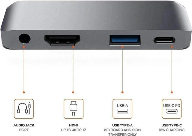 Alt view image 7 of 7 - USB C Hub 4-in-1 Combo Hub Adapter - 1 USB 3.0 Port, 3.5mm Headphone Jack, PD Charging and 4k HDMI - Compatible with iPad Pro 11"/12.9" 2018 MacBook Air, 2018 iPad Air, Space Grey