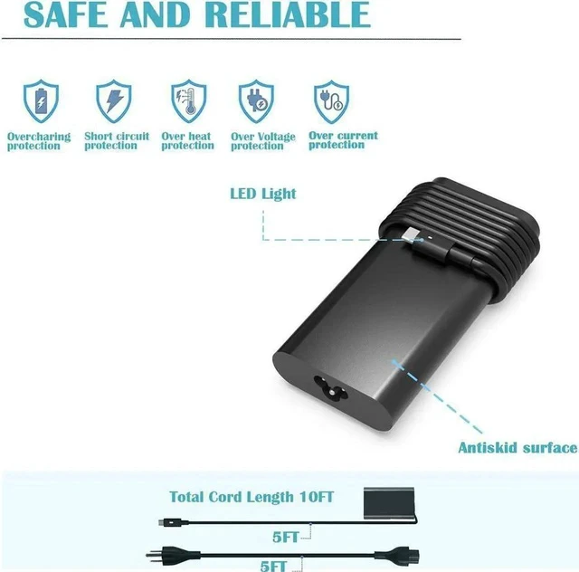 Alt view image 3 of 3 - 130W USB C Charger for Dell XPS 15 9500 17 9700 9575 Latitude 7410 7310 7210 9410 9510 5420 5320 5411 5510 5511 5310 5410 Precision 5550 5750 3560 3550 T4V18 Type Laptop Power Supply Adapter Cord