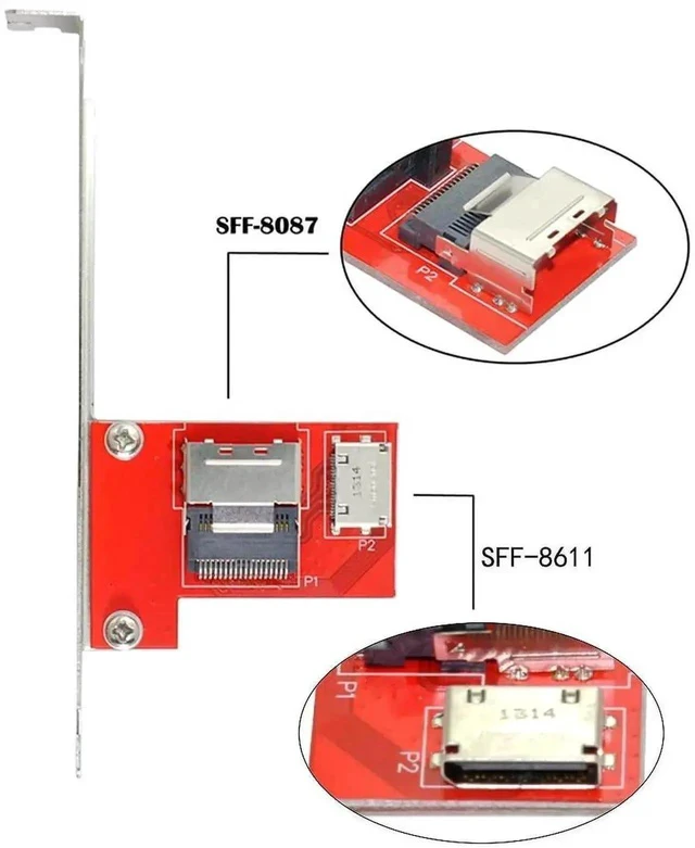 Alt view image 6 of 6 - PCIe 4.0 Mini SAS SFF-8087 to OCuLink SFF-8611 SFF-8612 Female PCBA Adapter Card with Full Height Bracket