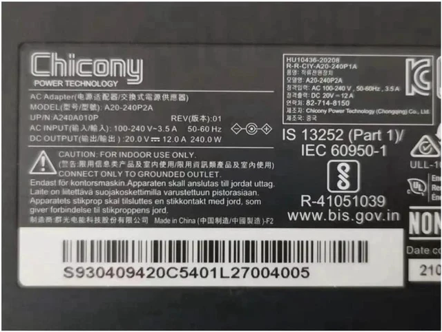 Alt view image 2 of 2 - CHICONY 20V 12A 240W 4.5x3.0mm A20-240P2A A240A010P Power Supply AC Adapter For MSI Laptop Power Charger