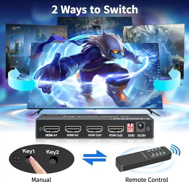 Alt view image 2 of 7 - 2x2 HDMI Matrix, HDMI Matrix Switch Splitter 2 in 2 Out with Remote Control, Support UHD HDR 4K@60hz, HDMI 2.0, HDCP 2.2, 18Gbps, EDID Management, Digital Optical Stereo, Audio Extractor