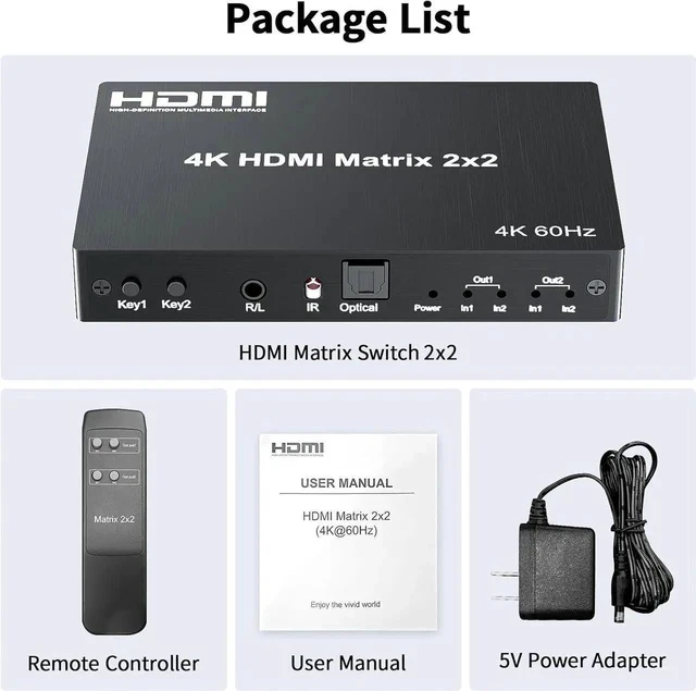 Alt view image 5 of 7 - 2x2 HDMI Matrix, HDMI Matrix Switch Splitter 2 in 2 Out with Remote Control, Support UHD HDR 4K@60hz, HDMI 2.0, HDCP 2.2, 18Gbps, EDID Management, Digital Optical Stereo, Audio Extractor