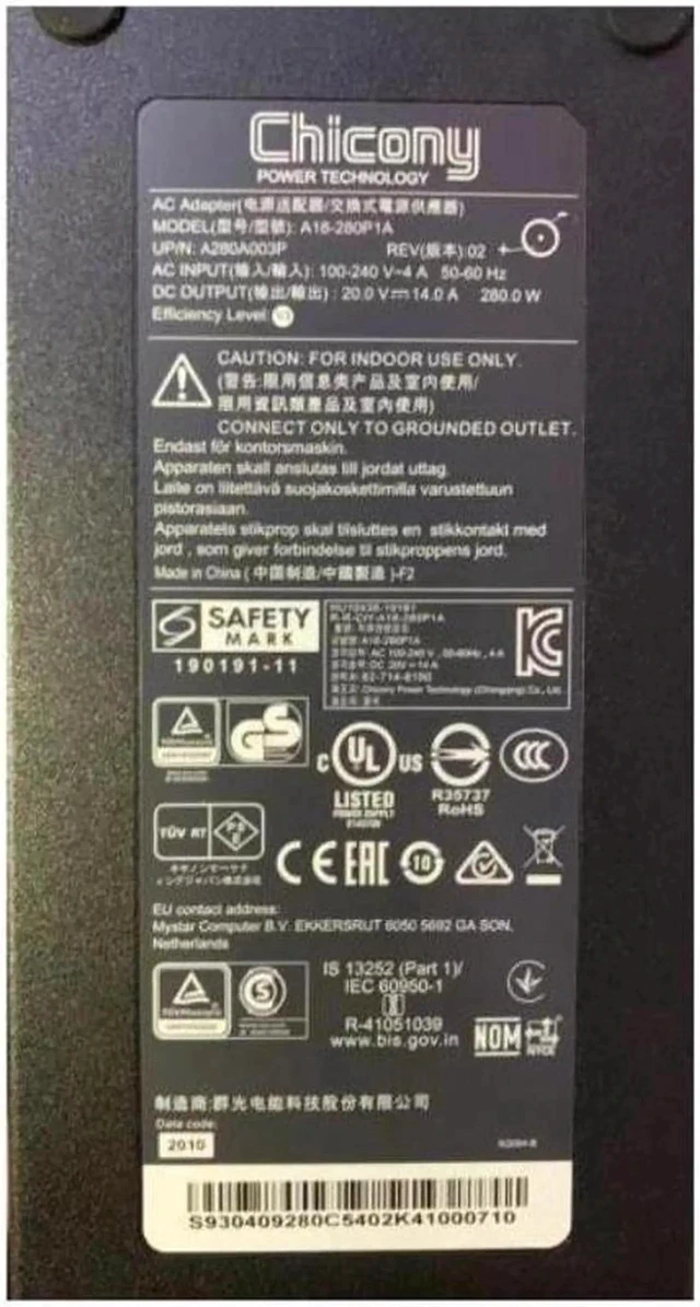 Alt view image 2 of 2 - 20V 14A 280W 7.4x5.0mm Chicony A18-280P1A A280A003P AC Adapter For M-SI GE75-9SF GE75-10SFS Laptop Power Supply Charger