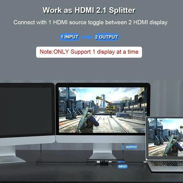 Alt view image 3 of 7 - HDMI Switch Splitter 4K@120hz, Aluminum Bidirectional HDMI Switcher 2 in 1 Out, HDMI Splitter 1 in 2 Out, HDMI Hub Supports 4K@120Hz,8K@60Hz for Xbox PS5/4/3 Blu-Ray Player Fire Stick HDTV