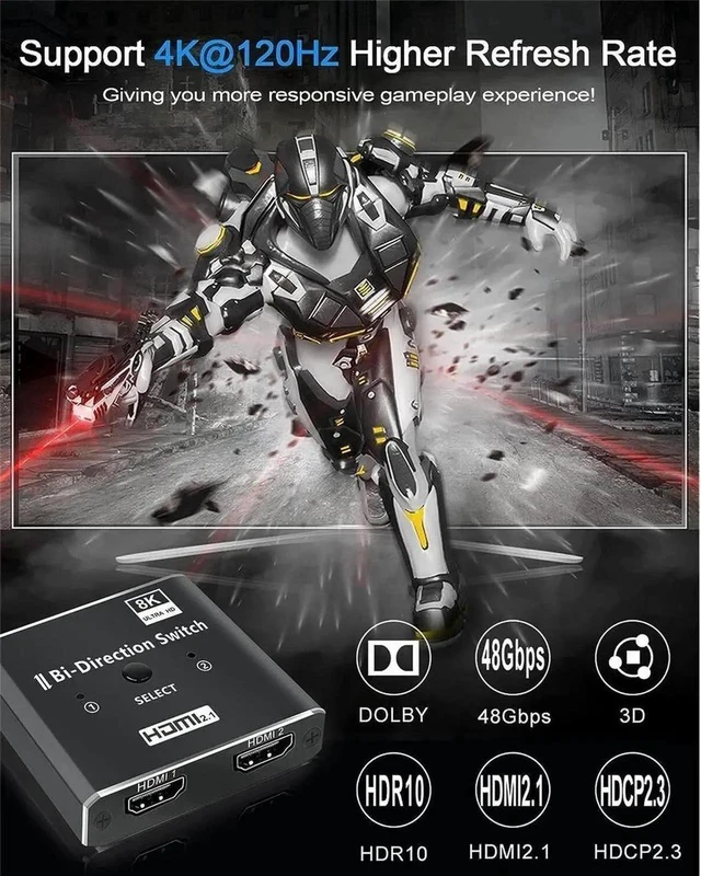 Alt view image 2 of 7 - HDMI Switch Splitter 4K@120hz, Aluminum Bidirectional HDMI Switcher 2 in 1 Out, HDMI Splitter 1 in 2 Out, HDMI Hub Supports 4K@120Hz,8K@60Hz for Xbox PS5/4/3 Blu-Ray Player Fire Stick HDTV