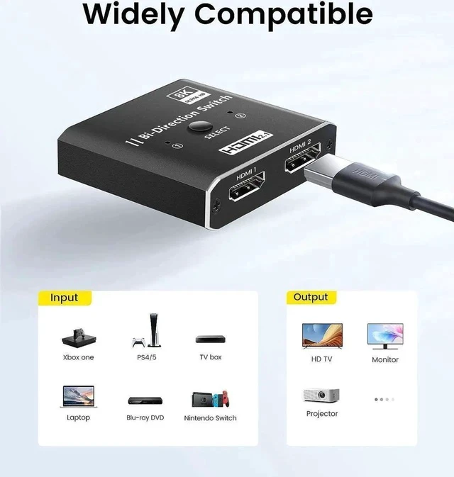 Alt view image 7 of 7 - HDMI Switch Splitter 4K@120hz, Aluminum Bidirectional HDMI Switcher 2 in 1 Out, HDMI Splitter 1 in 2 Out, HDMI Hub Supports 4K@120Hz,8K@60Hz for Xbox PS5/4/3 Blu-Ray Player Fire Stick HDTV