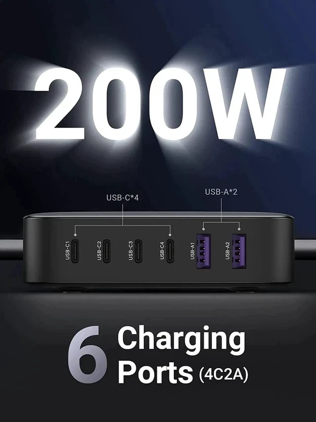 Alt view image 6 of 7 - UGREEN Nexode 200W USB C Desktop Charger, 6 Ports GaN PD Fast Charger with 3FT USB C to C Charging Cable Compatible with MacBook Pro/Air, iPad, iPhone 14/14 Pro Max, Galaxy, Pixel, Steam Deck and More