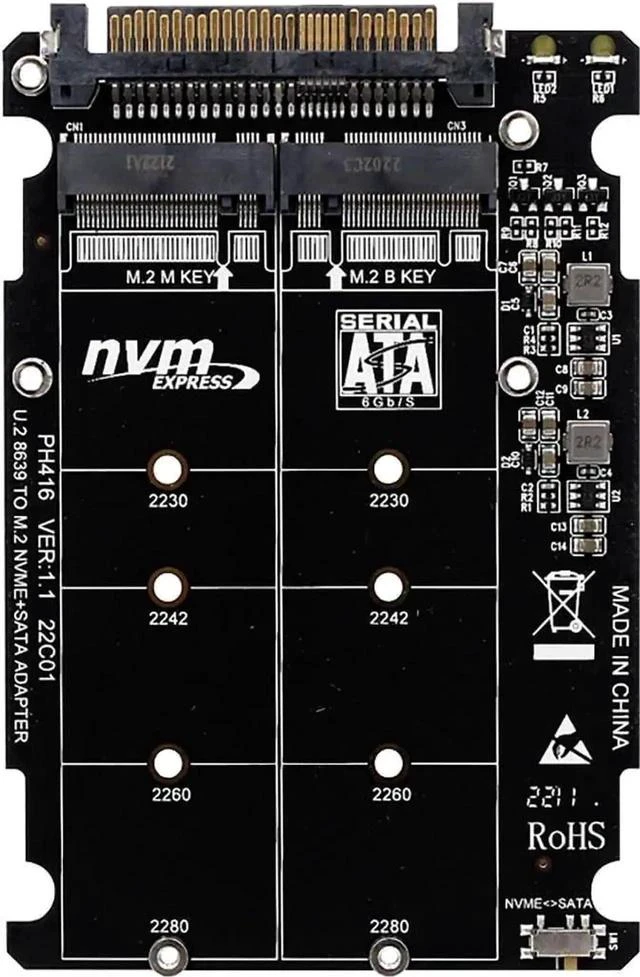 Main image of PH416PCBA Dual Protocol M.2 to U.2 SFF-8639 Adapter Card, PCIe 3.0 X4 NVMe M-Key + SATA B-Key NGFF Converter Supports 2230/2242/2260/2280 M.2 SSD & 2.5 U.2 Drives