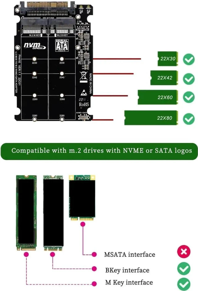 Alt view image 2 of 7 - PH416PCBA Dual Protocol M.2 to U.2 SFF-8639 Adapter Card, PCIe 3.0 X4 NVMe M-Key + SATA B-Key NGFF Converter Supports 2230/2242/2260/2280 M.2 SSD & 2.5 U.2 Drives