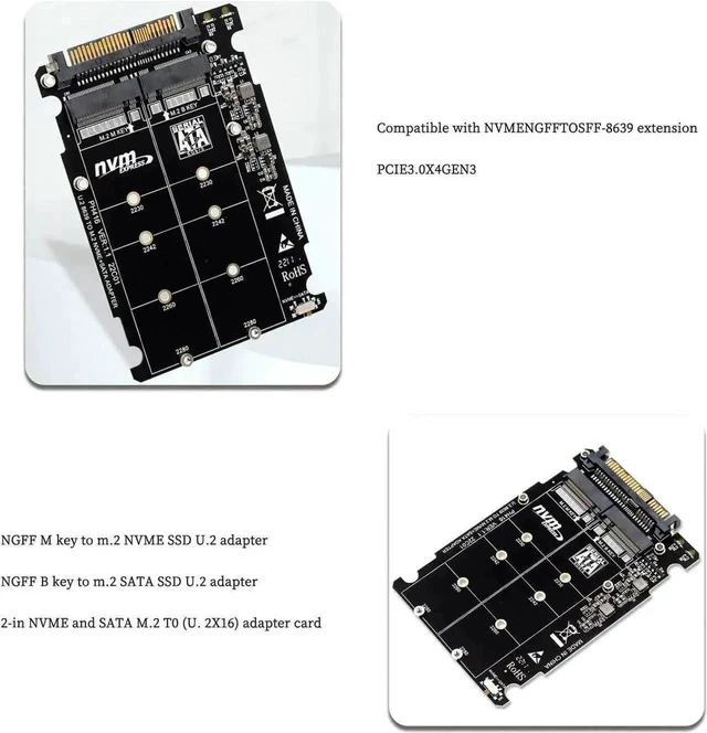 Alt view image 3 of 7 - PH416PCBA Dual Protocol M.2 to U.2 SFF-8639 Adapter Card, PCIe 3.0 X4 NVMe M-Key + SATA B-Key NGFF Converter Supports 2230/2242/2260/2280 M.2 SSD & 2.5 U.2 Drives