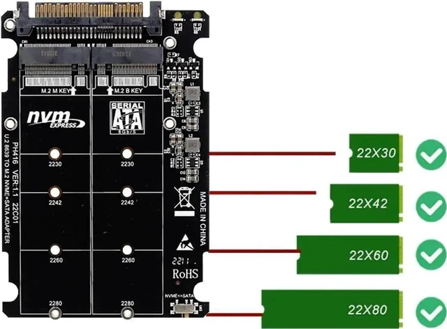 Alt view image 4 of 7 - PH416PCBA Dual Protocol M.2 to U.2 SFF-8639 Adapter Card, PCIe 3.0 X4 NVMe M-Key + SATA B-Key NGFF Converter Supports 2230/2242/2260/2280 M.2 SSD & 2.5 U.2 Drives