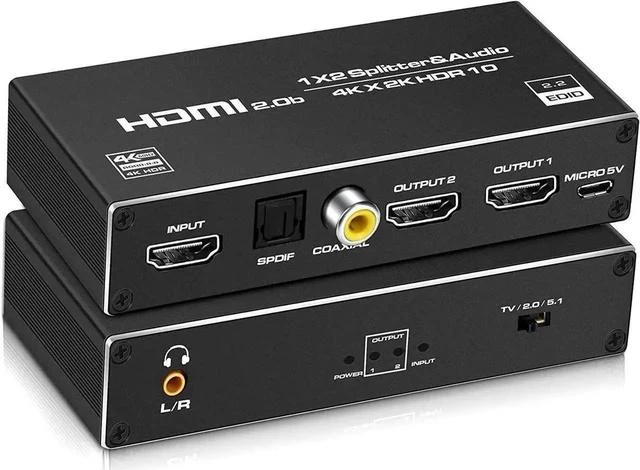 Main image of HDMI Switch 4Kx2K@60Hz, HDMI Splitter 1 in 2 Out, with Audio Extractor(3.5mm, Coaxial & SPDIF audio out), Supports HDR, 4K, 3D, 1080P, Work for HDTV Xbox PS5/4/3, Blu-Ray Player DVD DVR