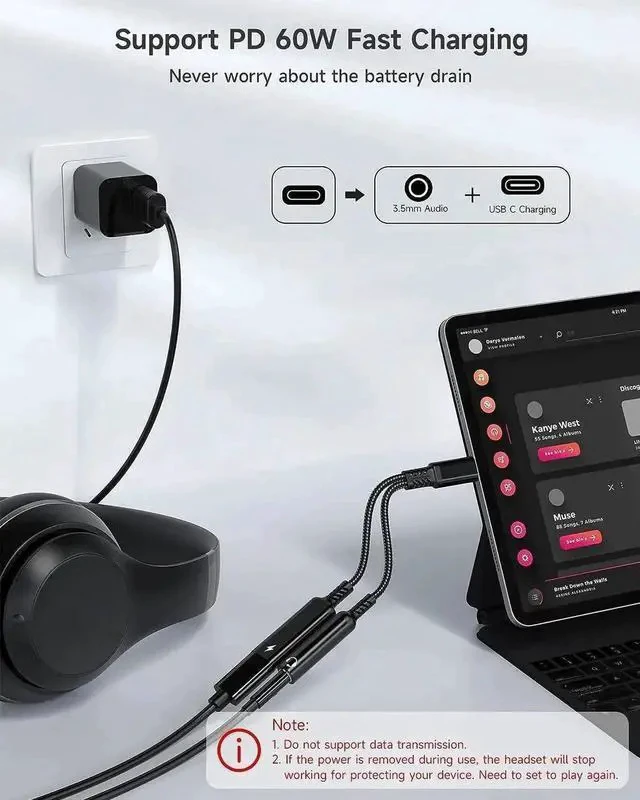 Alt view image 2 of 5 - USB C to 3.5mm Headphone and Charger Adapter 2 in 1 USB C to Aux Audio Jack with PD 60W Fast Charging Dongle Cable Cord for Galaxy S23/S22/S21/S20 Ultra iPad Pro Pixel(Black)