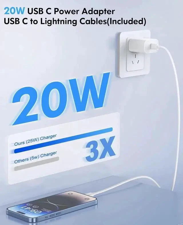 Alt view image 3 of 7 - iPhone Charger Fast Charging USB C Charger iPhone 14 Charger 2 Pack 20W USB C Wall Charger Block with 2 Pack 6FT USB C to Lightning Cable for iPhone 14 13 12 11 Pro Max XR XS X iPad