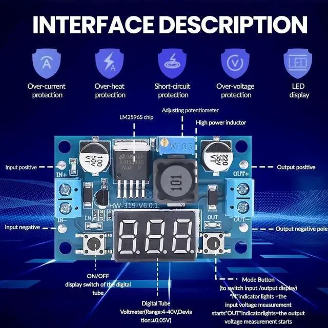 Alt view image 7 of 7 - LM2596 Adjustable DC-DC Step-Down Buck Converter Module with LED Voltmeter Display, Voltage Regulator 4.0-40V Input to 1.25-37V Output Power Supply Module