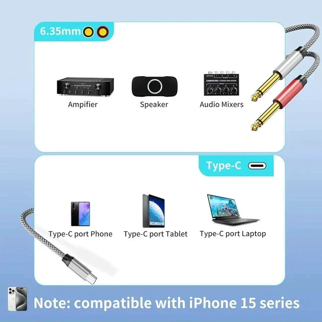 Alt view image 3 of 6 - USB C to Dual 6.35mm 1/4 inch TS Stereo Audio Y Splitter Cable 3FT for iPhone 15/15 Plus/15 Pro/15 Pro Max Amplifier Speaker and Mixer