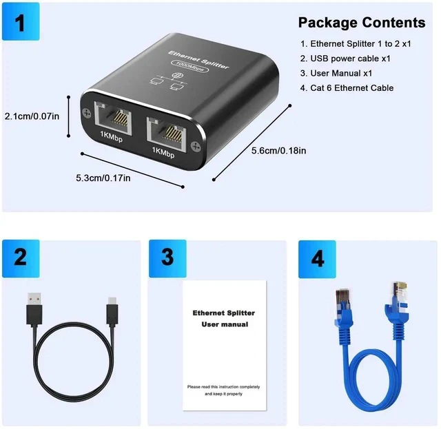Alt view image 3 of 7 - Gigabit Ethernet Splitter 1 to 2 Out with Cat 6 Ethernet Cable, 1000Mbps Internet Splitter 1 in 2 Out, RJ45 Hub with USB Power Cable, RJ45 Switch Connector for Cat 5/5e/6/7/8 Cables